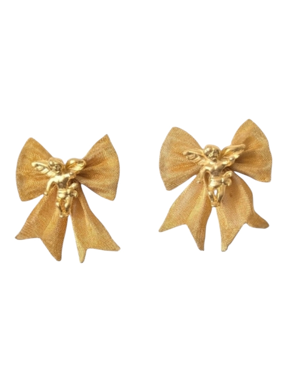Vintage Gold Tone 90s Cherub Bow Earrings Pierced Rare